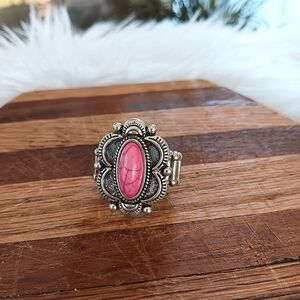 ↠ Western Oval Pink Stone Vintage Silver Tone Statement Stretch Ring